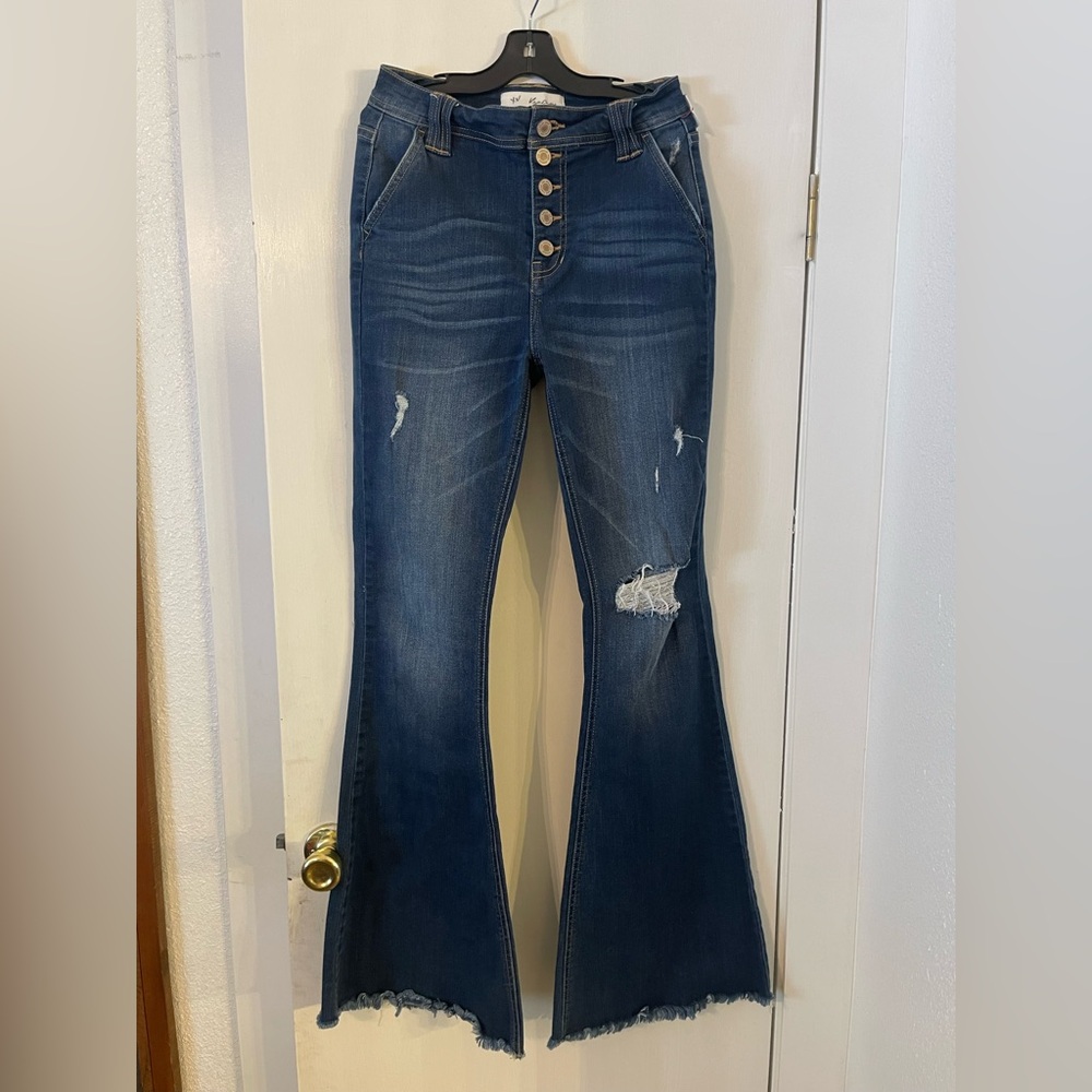 KanCan Dark Blue Flare Jeans with Distressed Details